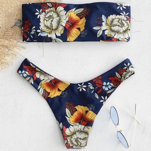 Navy Floral Bandeau High Waisted Thong Bikini Set Swimsuit, Size 8
